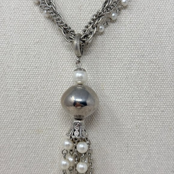 Vintage‎ Tassel Necklace Faux Pearl Silver-Tone Multi-Strand Chains Classic - Picture 3 of 8
